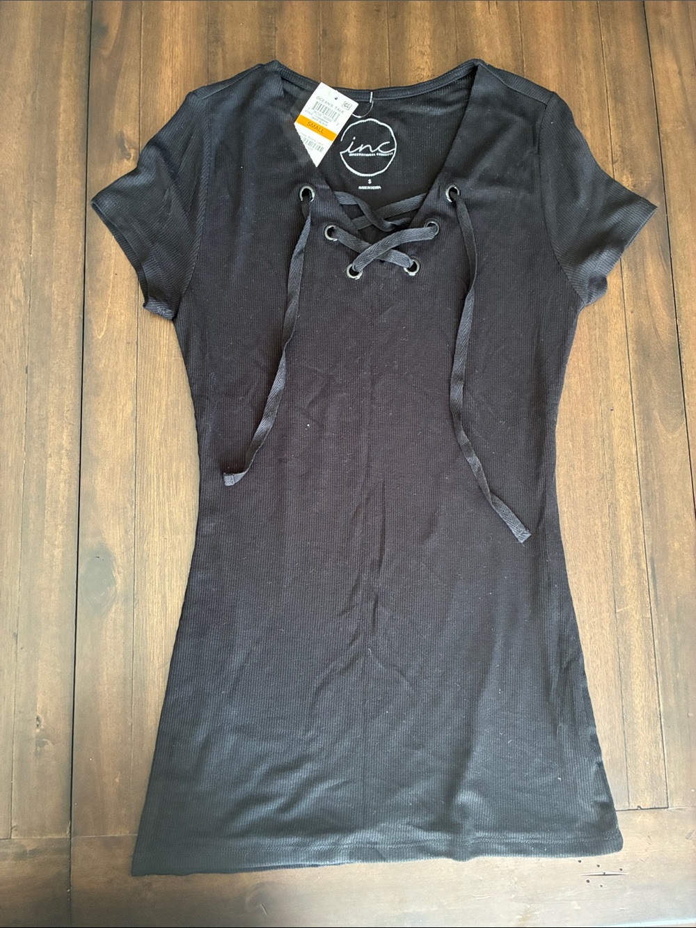 INC International Concepts Black Lace-Up V-Neck Short Sleeve Top